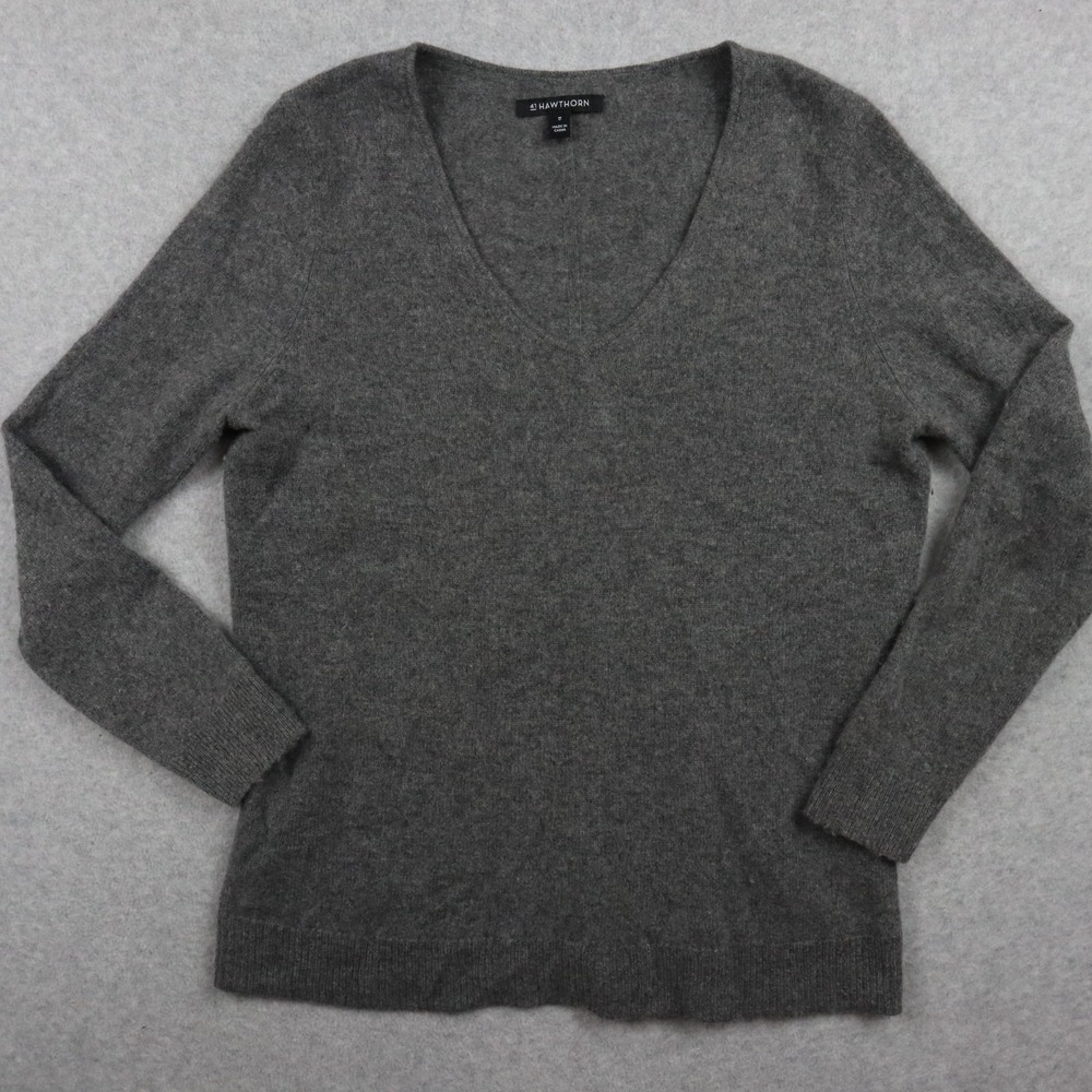 41 Hawthorn Sweater Womens Medium Cashmere Pullover Knit V-Neck Gray Long Sleeve